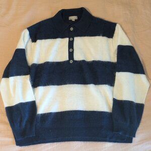 J.Crew 100% Cashmere Brushed Rugby Polo Sweater Navy Cream Size L
